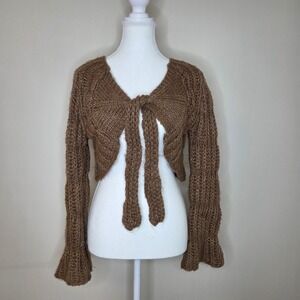 Brown Gold Fleck Cropped Tie Front Sweater Bell Sleeve Y2K Fairycore Small
